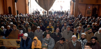People during Friday congregational prayers at the historic Jamia Masjid in Srinagar. -Excelsior/Shakeel
