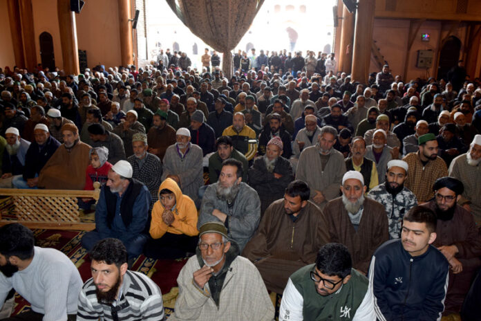 People during Friday congregational prayers at the historic Jamia Masjid in Srinagar. -Excelsior/Shakeel