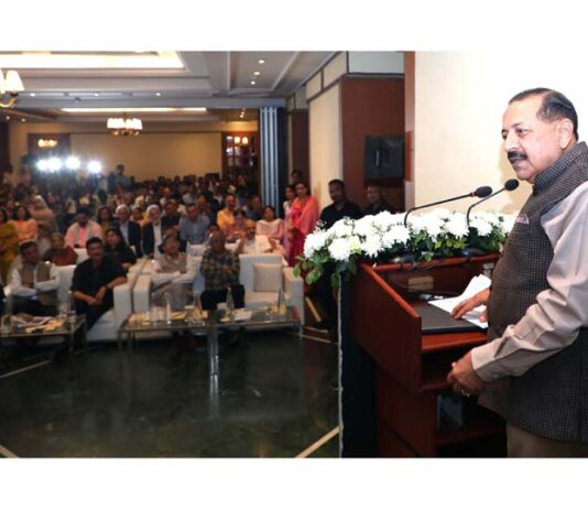 Union Minister Dr Jitendra Singh addressing the academic meet on “GARBH-INi Study of Preterm Birth Outcomes”, at India Habitat Centre, New Delhi on Monday.