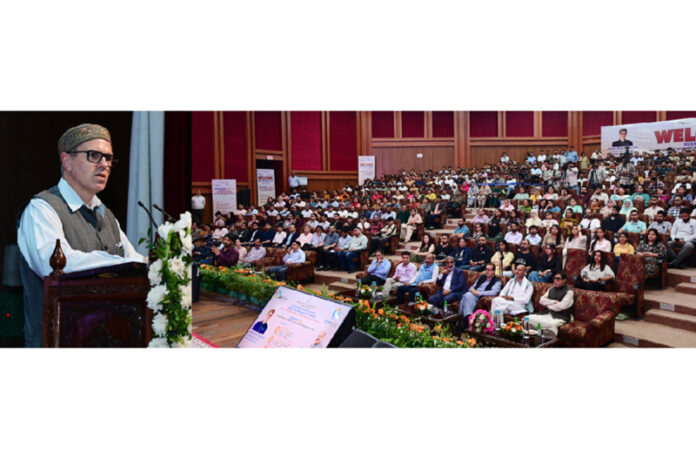 Chief Minister Omar Abdullah addressing YUVA Mahotsav on Monday.