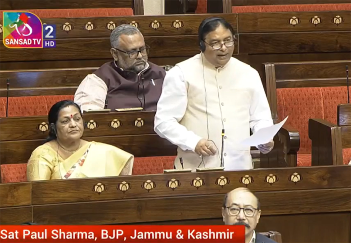 BJP J&K president and MP Sat Sharma speaking in the Upper House on Monday.