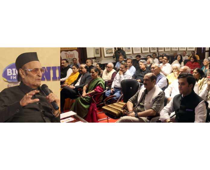 Dr Karan Singh, former Sadr-e-Riyasat addressing a gathering after inaugurating 4th Edition of Tawi Festival in Jammu on Friday. -Excelsior/Rakesh