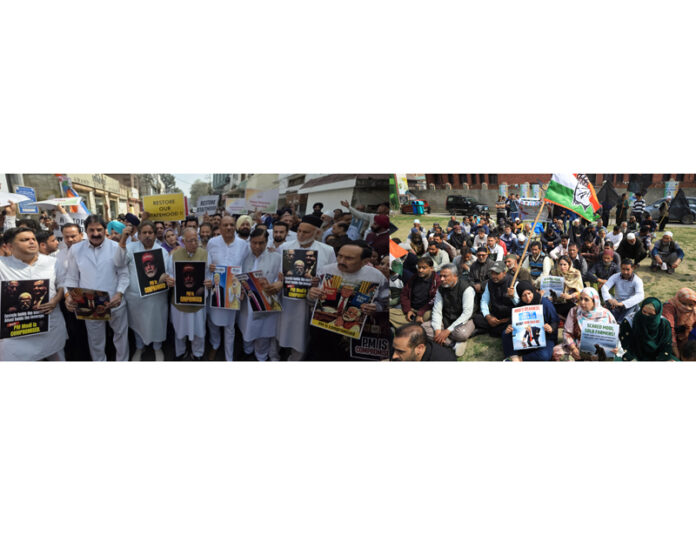 Cong leaders and workers protesting in Jammu (L), in Srinagar (R) on Monday. -Excelsior/Rakesh/ Shakeel