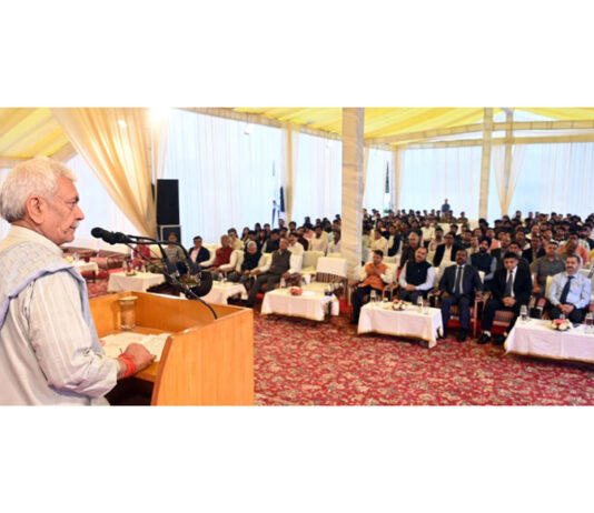 LG addressing gathering during celebration of Bihar Diwas at Lok Bhavan on Sunday.