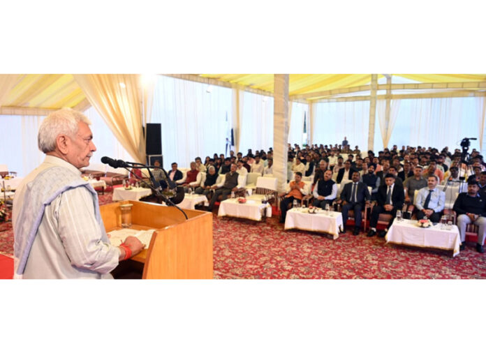 LG addressing gathering during celebration of Bihar Diwas at Lok Bhavan on Sunday.