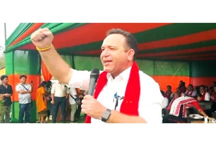 LoP in J&K Assembly and co-inchare Assam Assembly poll Sunil Sharma addressing an election rally in Hiddipi in Assam.