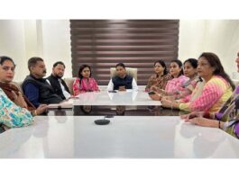 MP Sat Sharma chairing a meeting of Mahila Morcha in Jammu.