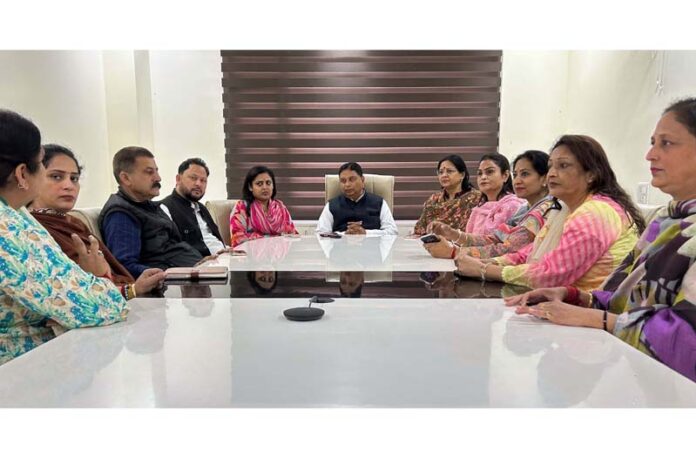 MP Sat Sharma chairing a meeting of Mahila Morcha in Jammu.