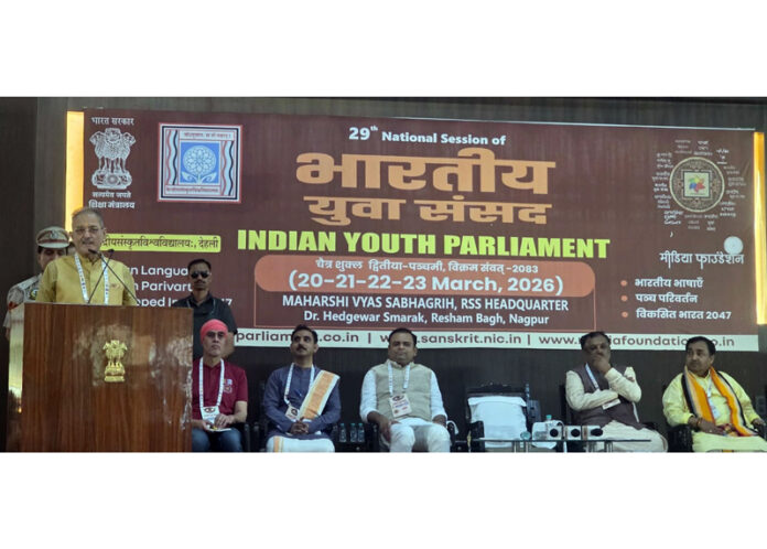 HP Governor Kavinder Gupta addressing a gathering during the Bhartiya Yuva Sansad in Nagpur on Sunday. HP Governor Kavinder Gupta addressing a gathering during the Bhartiya Yuva Sansad in Nagpur on Sunday.