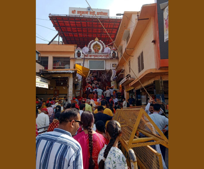 Rush of pilgrims at the main entrance of popular Hanuman Garhi temple in Ayodhya.