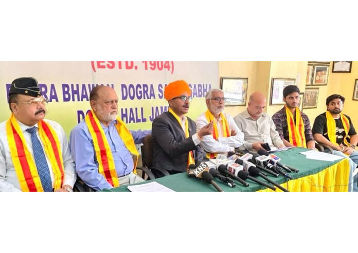 DSS working president, Gambhir Dev Singh Charak addressing a press conference in Jammu on Monday.
