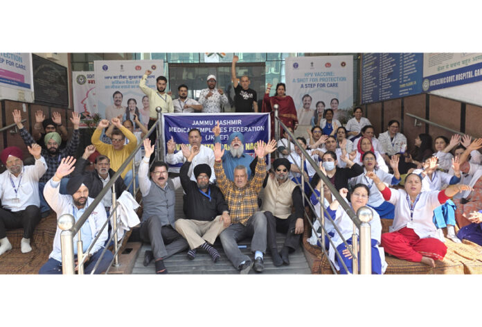 Employees of Government H&ME institutions during a protest in Jammu on Thursday. -Excelsior/Rakesh