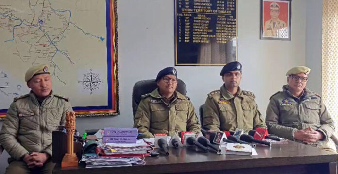 Senior police officers addressing media persons in Leh on Thursday.
