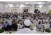 Members of Muslim community during a religious congregation on the occasion of Jumat-ul -Vida in Rajouri on Friday.