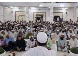 Members of Muslim community during a religious congregation on the occasion of Jumat-ul -Vida in Rajouri on Friday.
