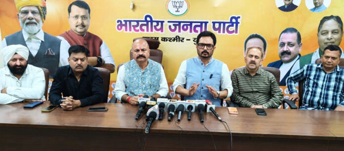 BJP leaders at a press conference at Jammu on Saturday.