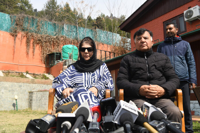 PDP President Mehbooba Mufti addressing a press conference in Srinagar. -Excelsior/Shakeel