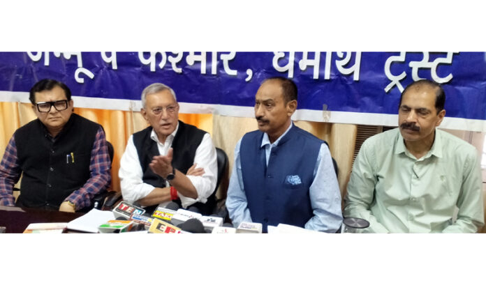 Dr Parshotam Singh Pathania, president of J&K Dharmarth Trust and others during a press conference at Jammu. — Excelsior/Rakesh Dr Parshotam Singh Pathania, president of J&K Dharmarth Trust and others during a press conference at Jammu. — Excelsior/Rakesh