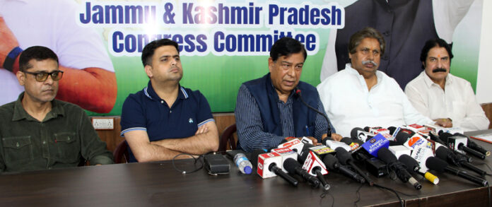 JKPCC leaders during a press conference at Jammu on Saturday. -Excelsior/Rakesh