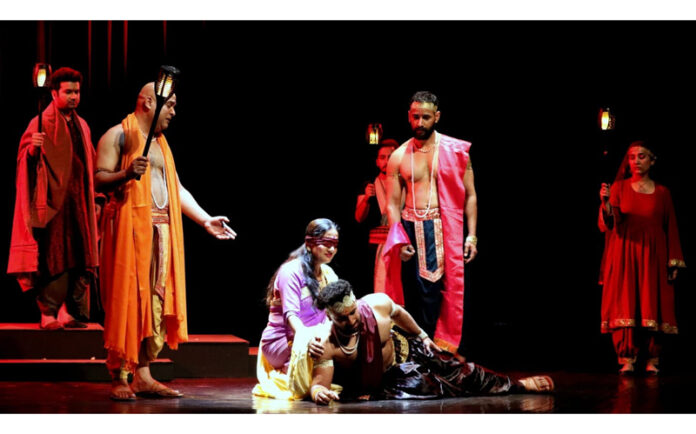 A scene from the Hindi play 'Komal Gandhar' performed at Abhinav Theatre on Sunday.