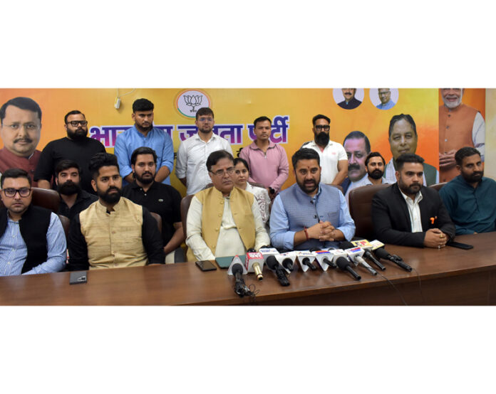BJYM UT president, Arun Prabhat and BJP spokesperson, Girdhari Lal Raina and other BJYM leaders at a press conference at Jammu on Wednesday. —Excelsior/Rakesh