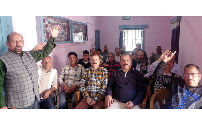 Senior Trade Union leader, Som Nath addressing PHE workers’ meeting at Udhampur on Monday.