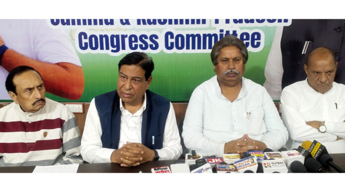 JKPCC working president Raman Bhalla, chief spokesperson, Ravinder Sharma & others at a press conference in Jammu. — Excelsior/Rakesh JKPCC working president Raman Bhalla, chief spokesperson, Ravinder Sharma & others at a press conference in Jammu. — Excelsior/Rakesh