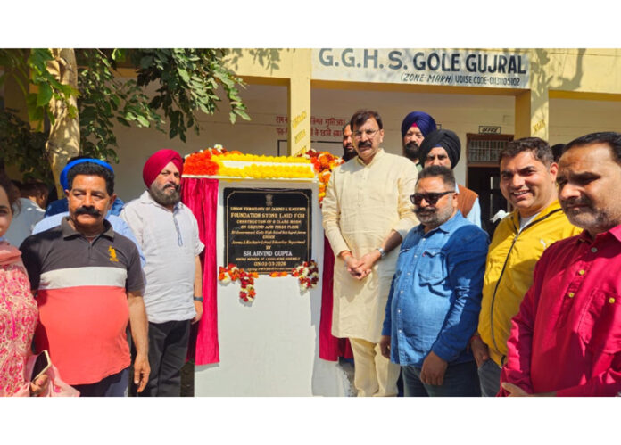 MLA Jammu West, Arvind Gupta laying foundation stone of six class room block at GGHS Gole Gujral, Jammu on Tuesday.
