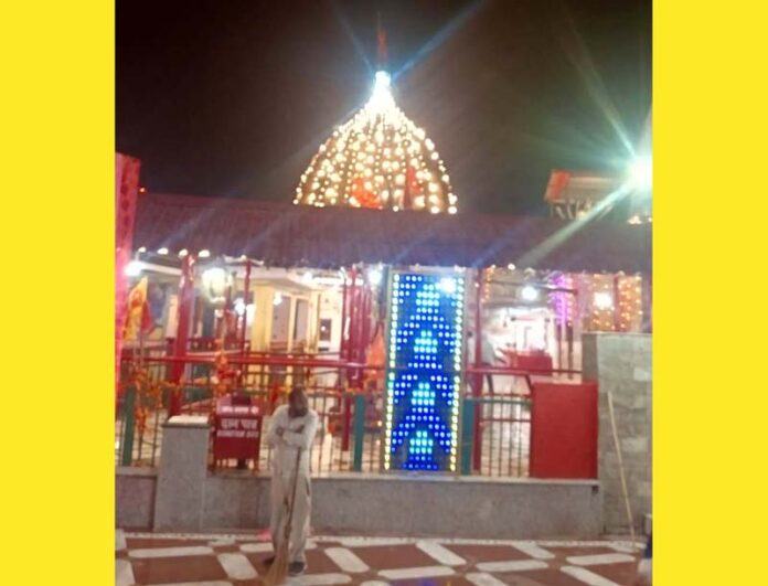 Lights beautify the fort shrine of Bawe Wali Mata temple situated at a hill top on the bank of river Tawi in Jammu.