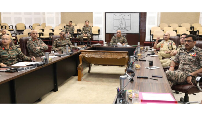 Lt Gen Pratik Sharma chairing a meeting at Nagrota on Thursday.