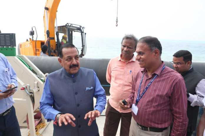 Union Minister Dr Jitendra Singh inspecting the upcoming 'Ocean Thermal Energy Conversion' project at Kavaratti island on Friday.