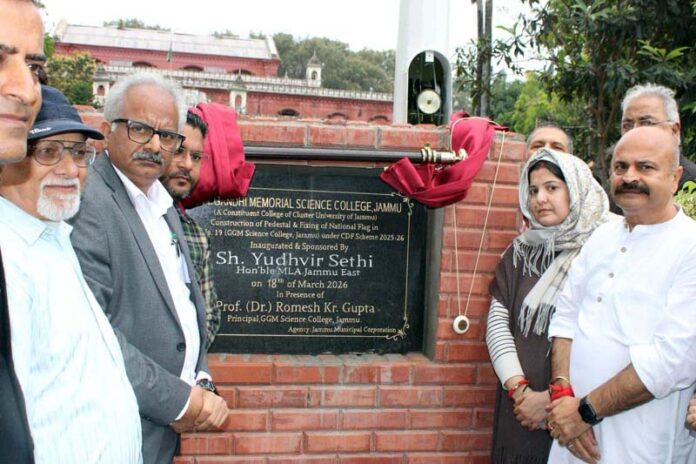 MLA Jammu East, Yudhvir Sethi during inauguration of 12.50 metre Tricolour at GGM Science College, Jammu on Wednesday.