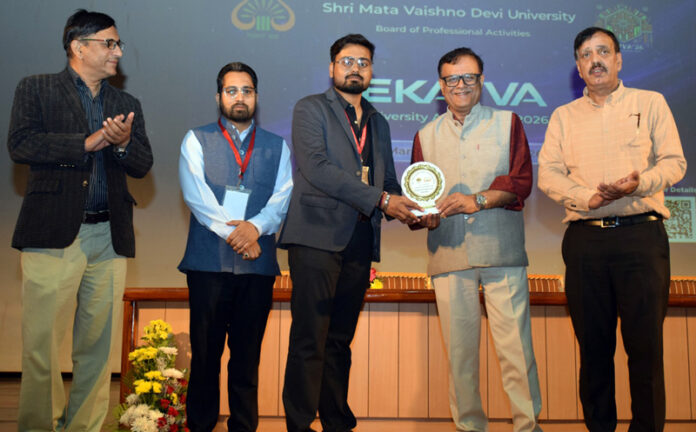 Vice-Chancellor SMVDU and others on dais during valedictory function of three-day event.