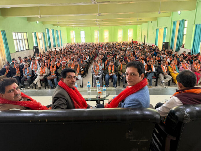 MLA Shakti Parihar addressing party workers in Doda.