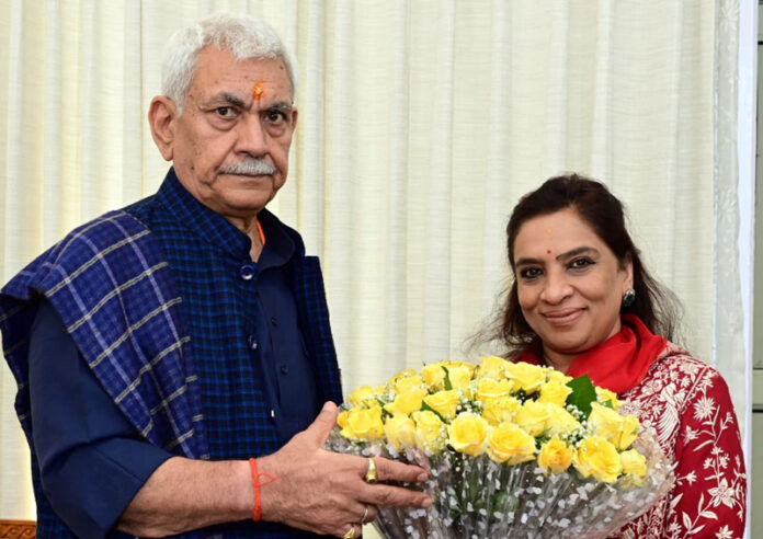 Dr Ritu Singh, Chaierspon Raghunath Jee Jammu Aarti Sanstha calls on Lieutenant Governor Manoj Sinha. Dr Ritu Singh, Chaierspon Raghunath Jee Jammu Aarti Sanstha calls on Lieutenant Governor Manoj Sinha.