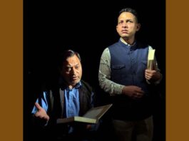 A scene from Dogri play ‘Diary Kuse Lok Naath Di’ staged in Jammu on Sunday.