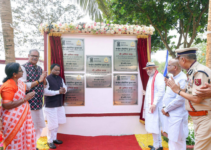 Union Minister for Home Affairs and Cooperation, Amit Shah at the 57th Raising Day ceremony of CISF, in Mundali, Odisha on Friday. (UNI)
