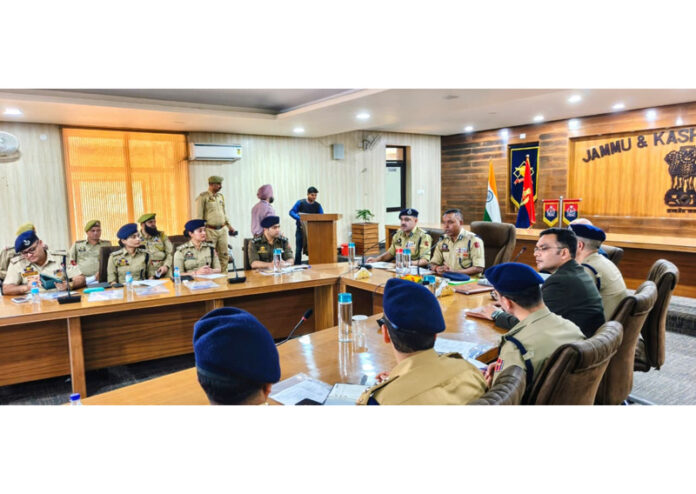 IGP Jammu BS Tuti chairing a meeting of police officers in Jammu district on Thursday. IGP Jammu BS Tuti chairing a meeting of police officers in Jammu district on Thursday.