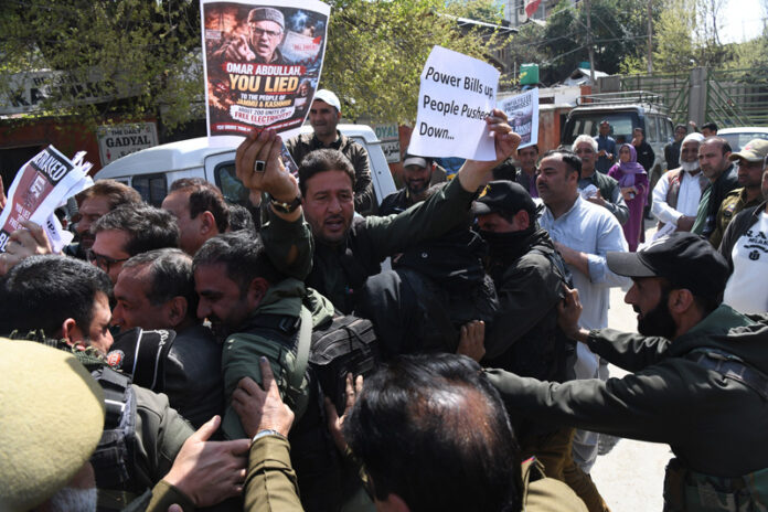 PDP staging protest against Government in Srinagar. -Excelsior/Shakeel PDP staging protest against Government in Srinagar. -Excelsior/Shakeel