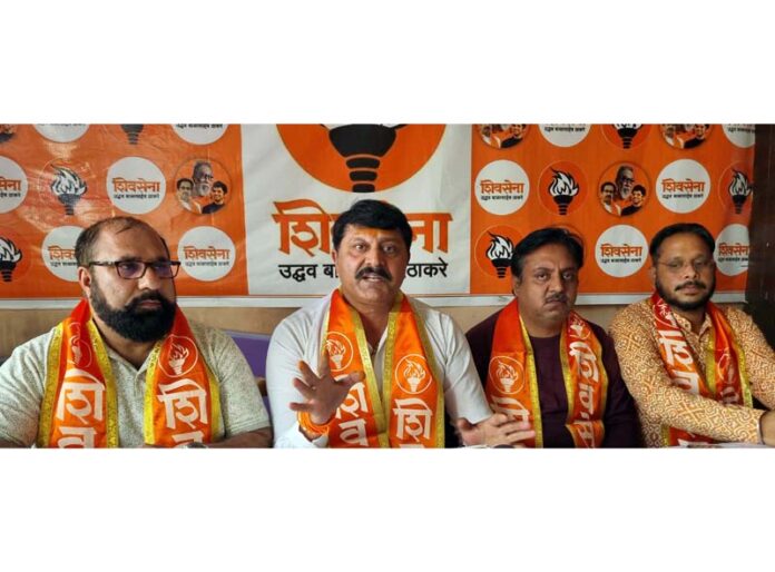 Shiv Sena (UBT) J&K president Manish Sahni addressing a press conference at Jammu.
