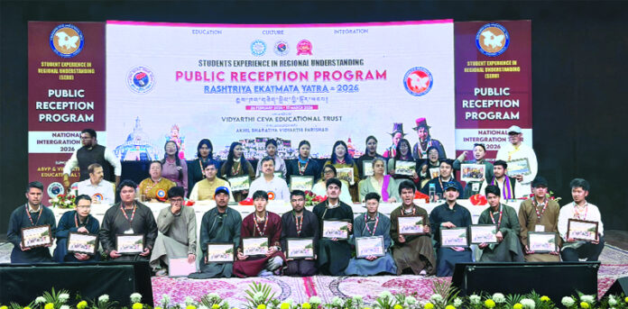 ABVP members along with others during an event of reception for the delegates of National Integration Yatra-2026 in Jammu on Monday. ABVP members along with others during an event of reception for the delegates of National Integration Yatra-2026 in Jammu on Monday.