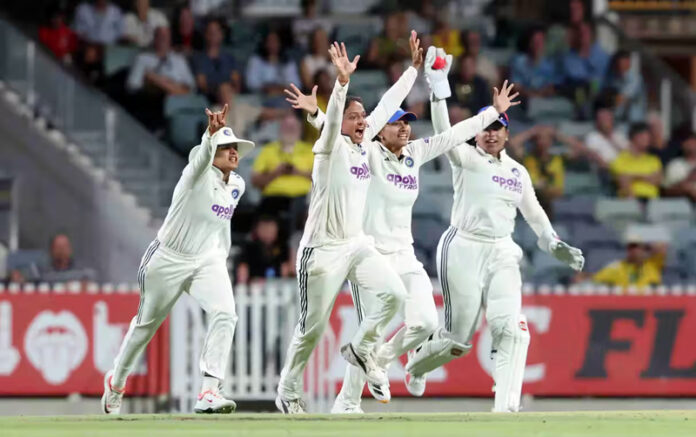 Indian Women players celebrating after taking wicket against Australia in D/N Test match in Perth.