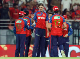 Punjab Kings players celebrating after registering a convincing victory over Delhi Capitals in their IPL clash in Mullanpur.