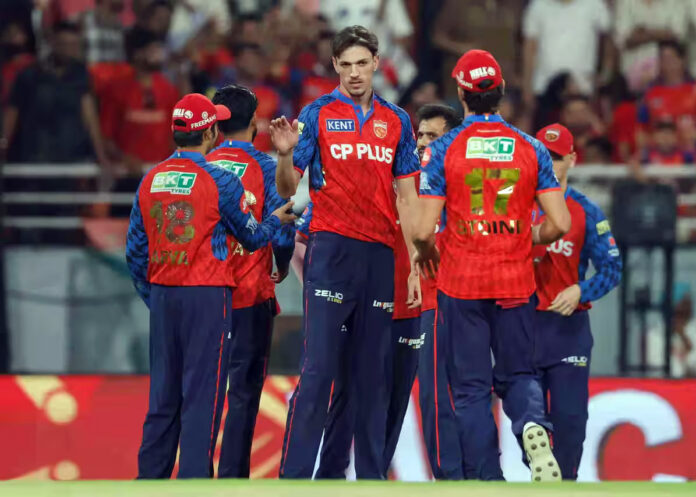 Punjab Kings players celebrating after registering a convincing victory over Delhi Capitals in their IPL clash in Mullanpur.