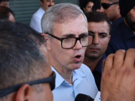 Jammu and Kashmir Chief minister Omar Abdullah briefing Media during a program at convention centre in Jammu.