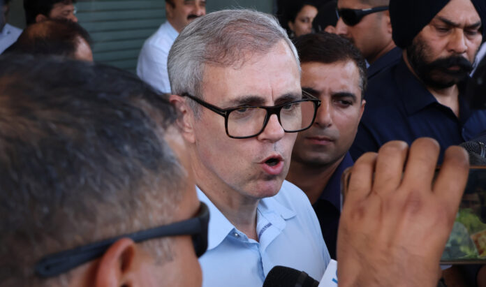 Jammu and Kashmir Chief minister Omar Abdullah briefing Media during a program at convention centre in Jammu.