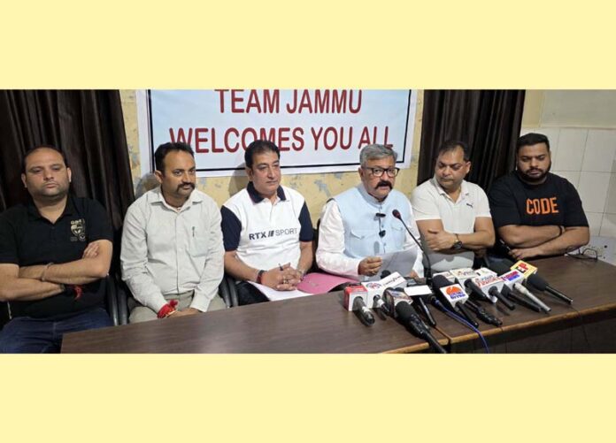 Team Jammu chairman, Zorawar Singh Jamwal addressing a press conference at Press Club, Jammu. -Excelsior/Rakesh