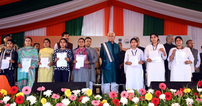 LG Manoj Sinha during a function at Makwal, Jammu on Wednesday.