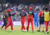 RCB players celebrating after defeating Mumbai Indians on Sunday in Mumbai.