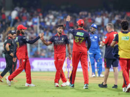 RCB players celebrating after defeating Mumbai Indians on Sunday in Mumbai.